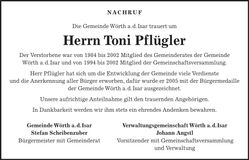 Traueranzeige Toni Pflügler