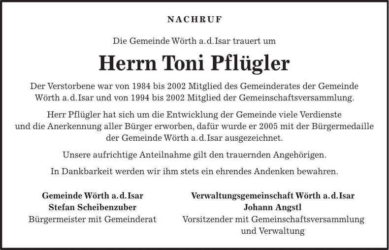 Traueranzeige Toni Pflügler