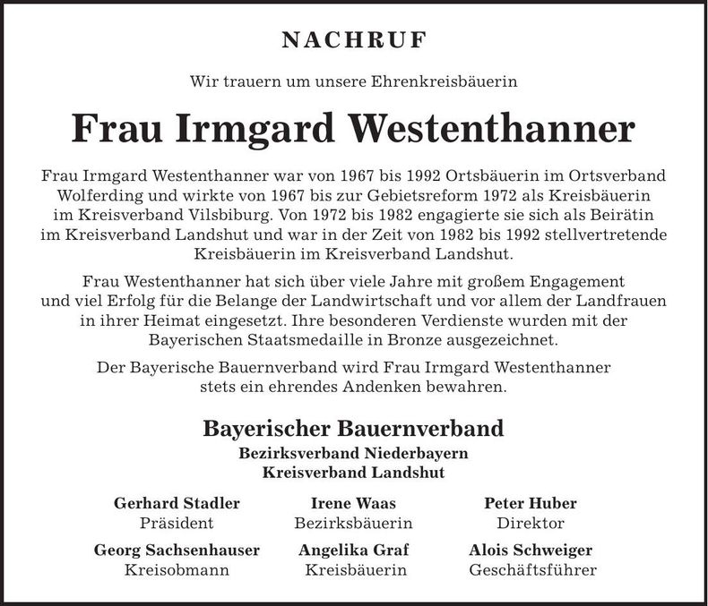Traueranzeige Irmgard Westenthanner