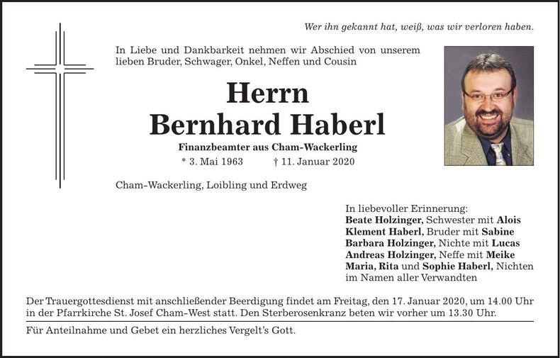 Traueranzeige Bernhard Haberl