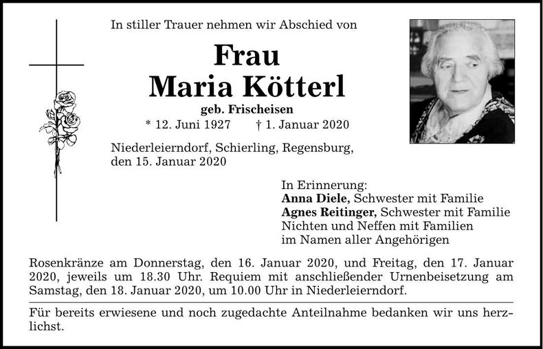 Traueranzeige Maria Kötterl