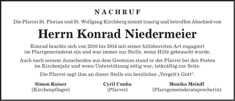 Traueranzeige Konrad Niedermeier