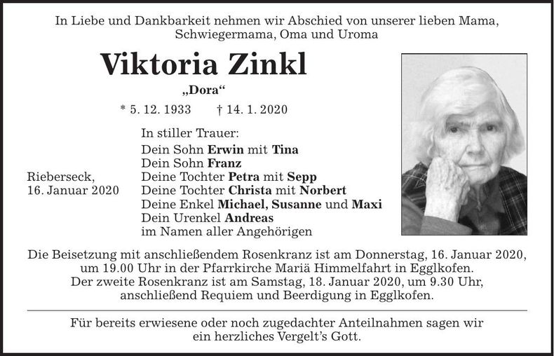 Traueranzeige Viktoria Zinkl