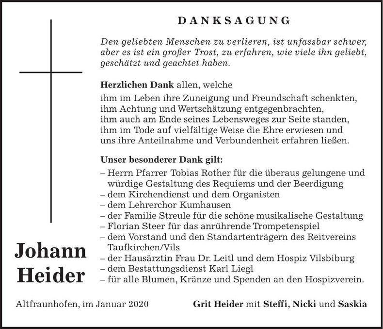 Traueranzeige Johann Heider
