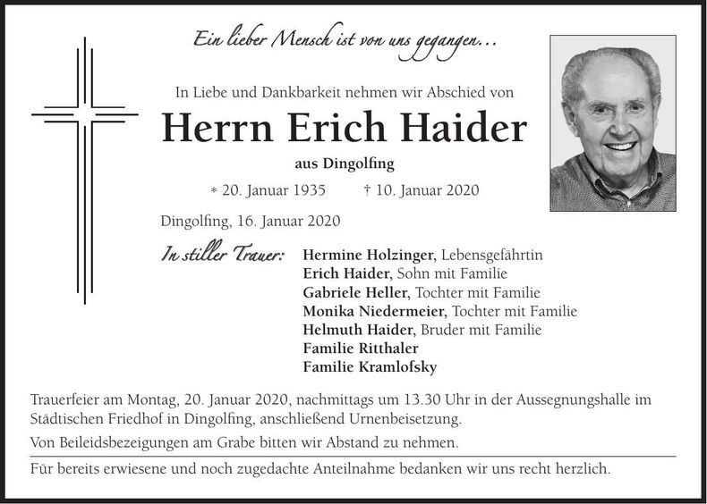 Traueranzeige Erich Haider