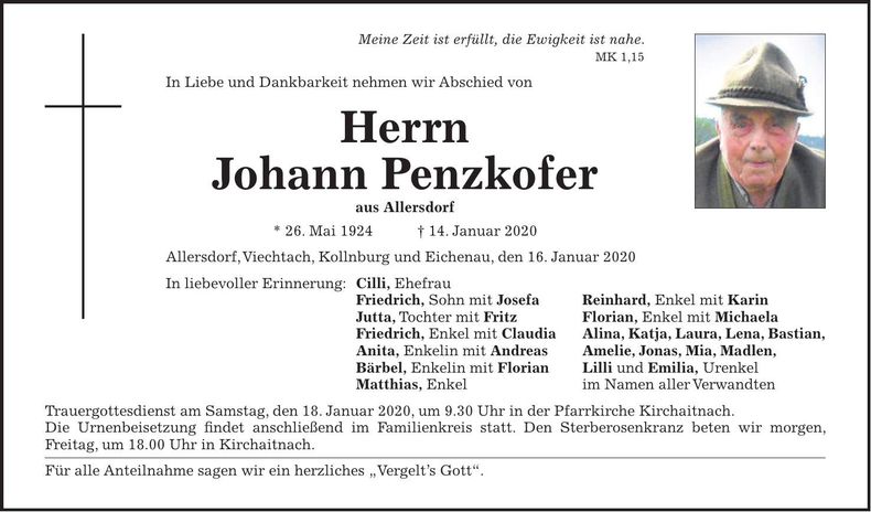 Traueranzeige Penzkofer Johann