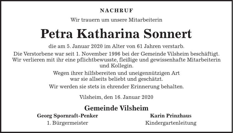 Traueranzeige Petra Katharina Sonnert
