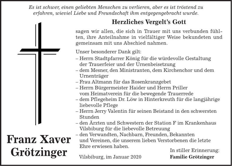 Traueranzeige Franz Xaver Grötzinger