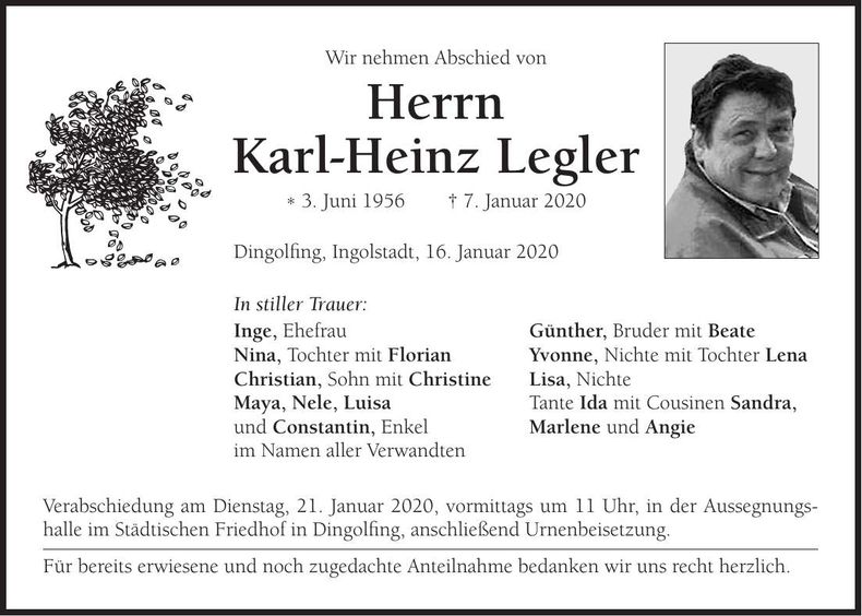 Traueranzeige Karl-Heinz Legler