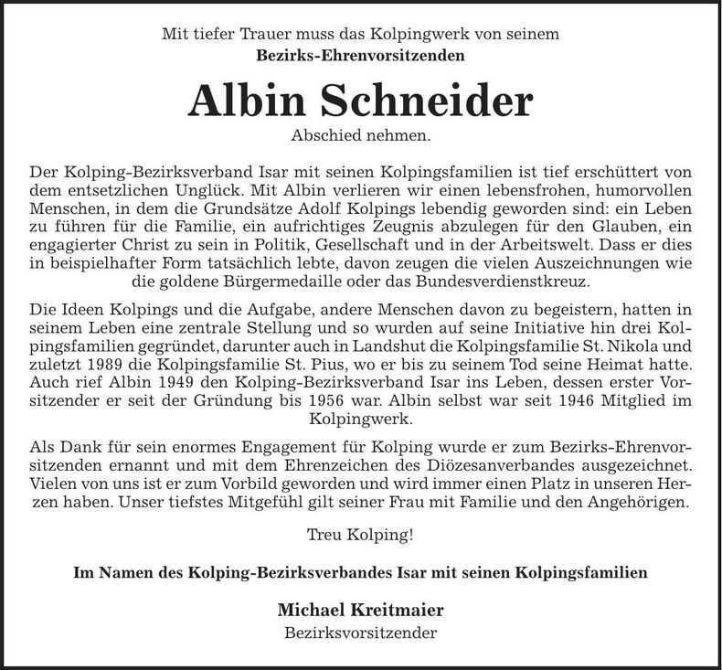 Traueranzeige Albin Schneider