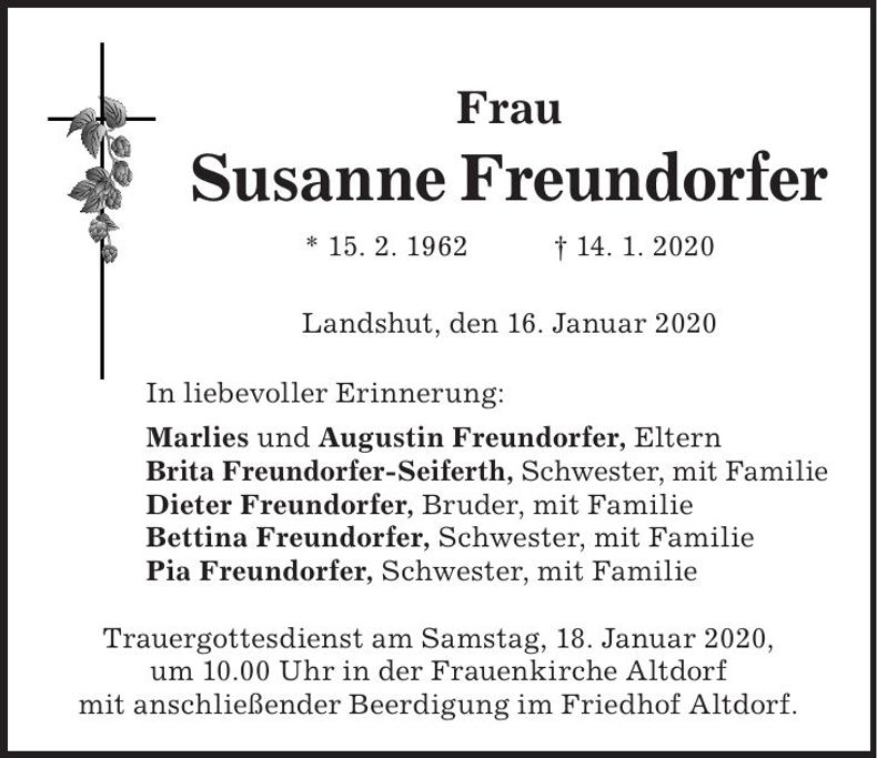 Traueranzeige Susanne Freundorfer