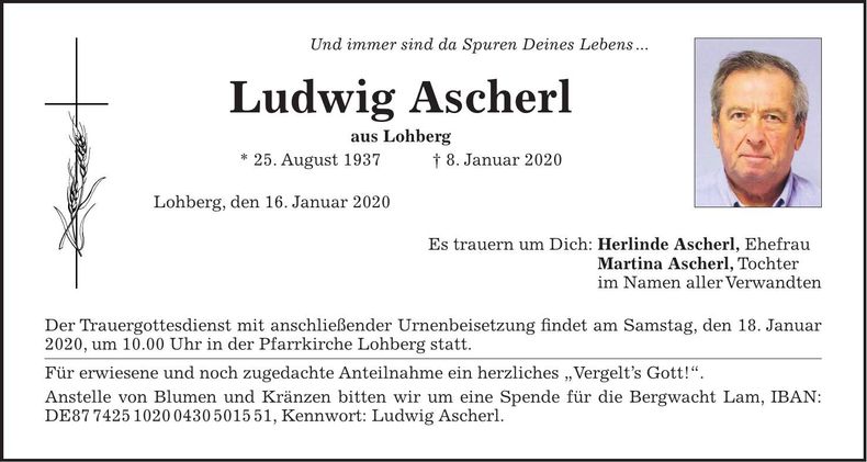 Traueranzeige Ludwig Ascherl