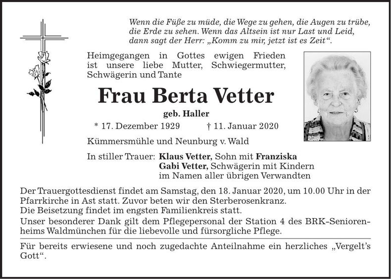 Traueranzeige Berta Vetter