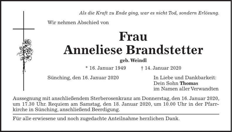 Traueranzeige Anneliese Brandstetter