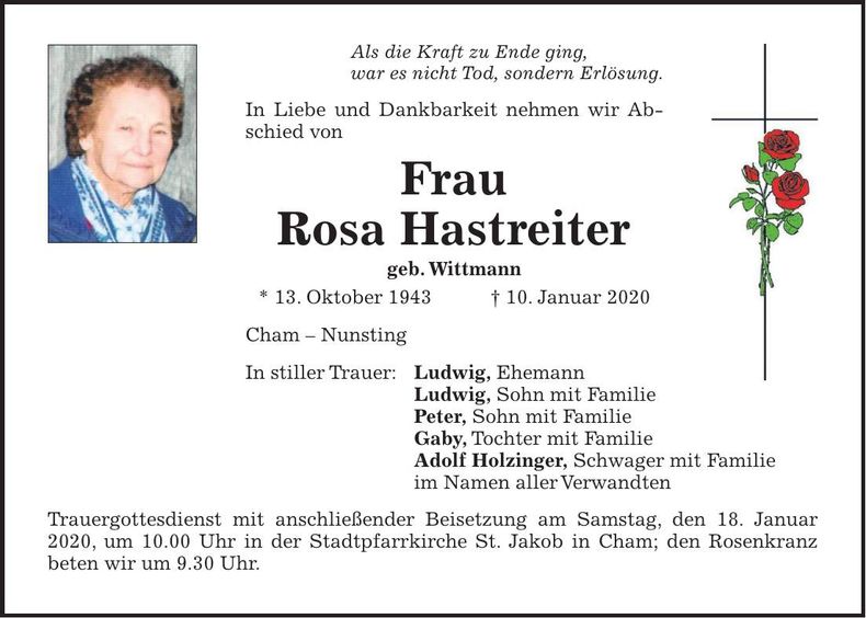 Traueranzeige Rosa Hastreiter
