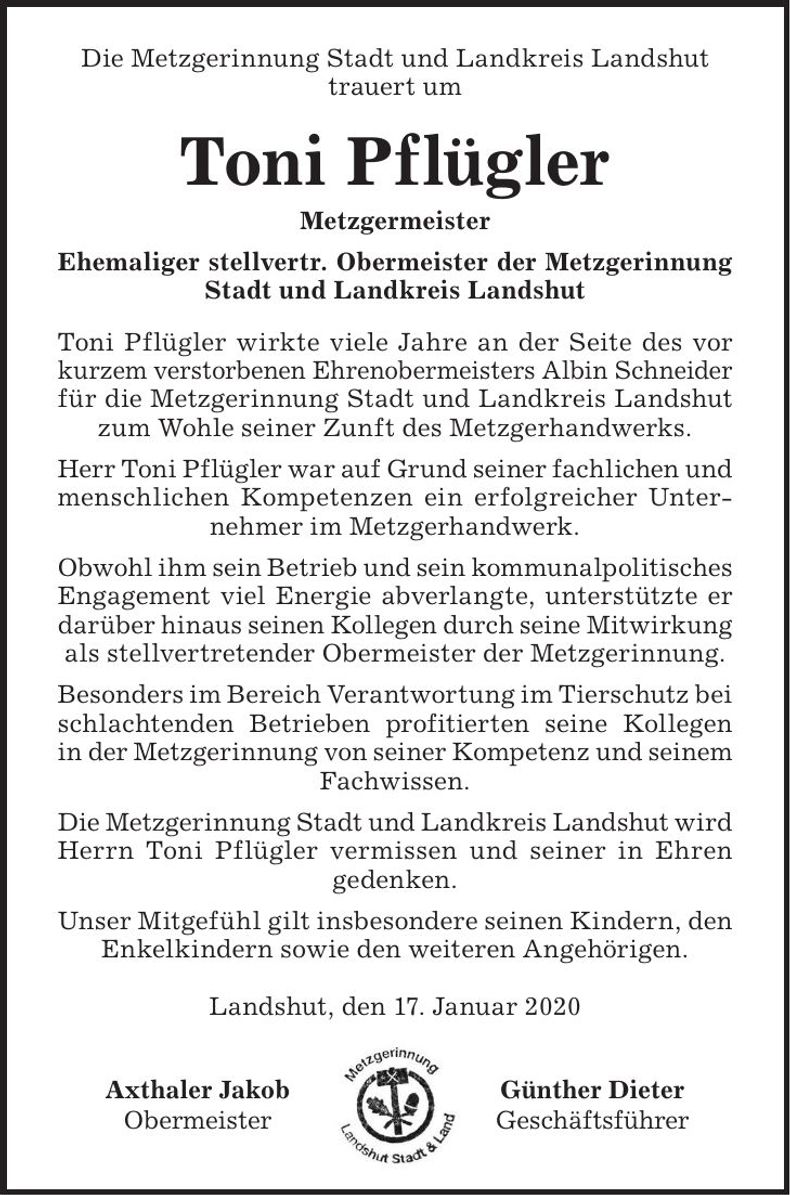 Traueranzeige Toni Pflügler