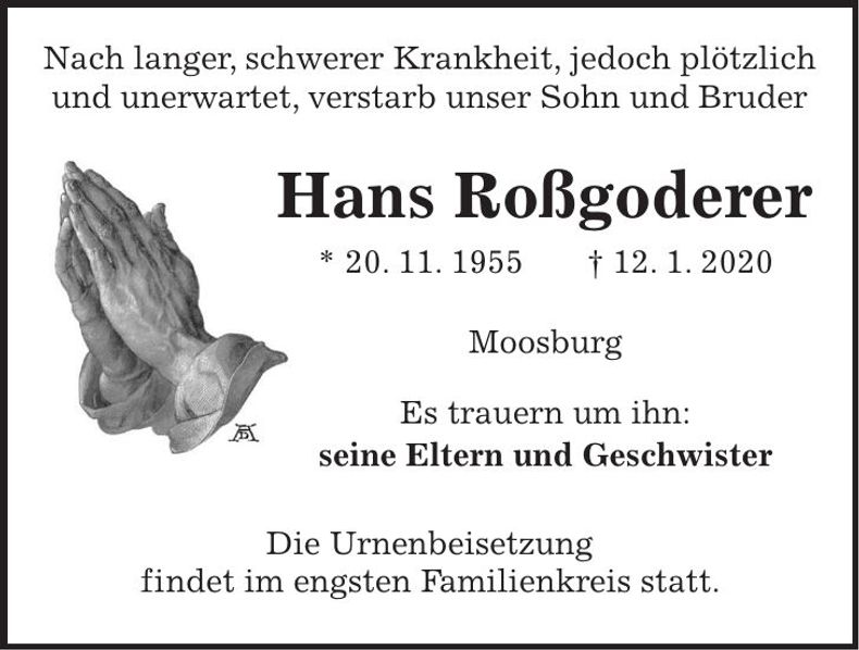 Traueranzeige Hans Roßgoderer