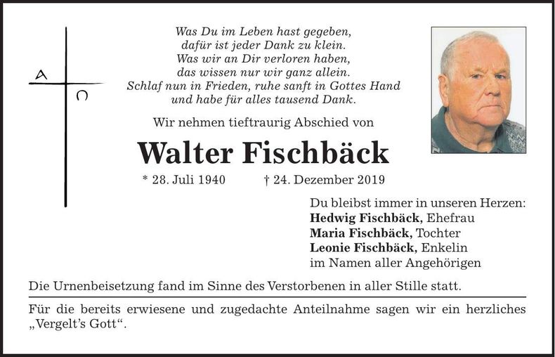 Traueranzeige Walter Fischbäck