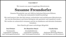Traueranzeige Susanne Freundorfer