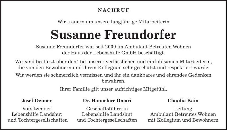 Traueranzeige Susanne Freundorfer