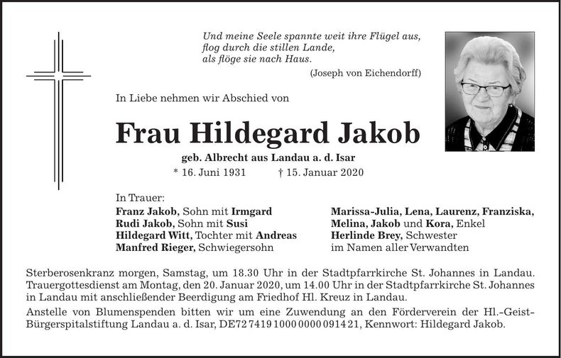Traueranzeige Hildegard Jakob