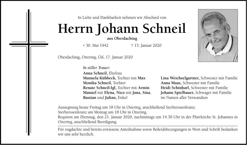 Traueranzeige Johann Schneil