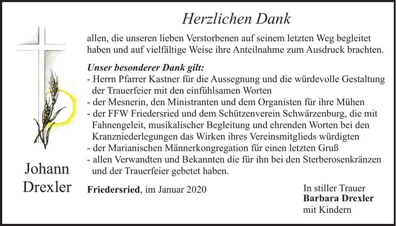 Traueranzeige Johann Drexler