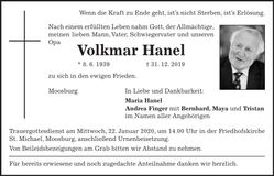 Traueranzeige Volkmar Hanel