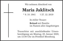 Traueranzeige Maria Jaklitsch