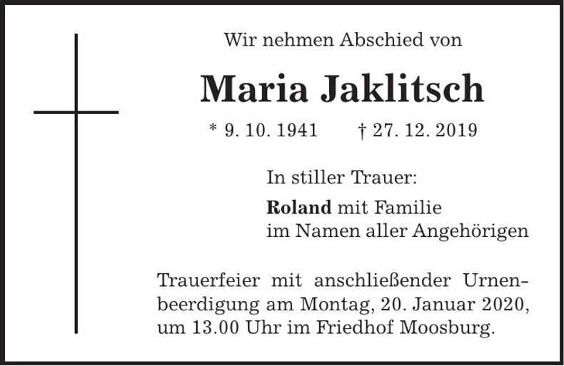 Traueranzeige Maria Jaklitsch