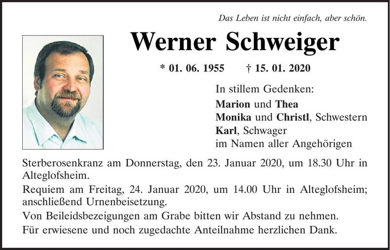 Traueranzeige Werner Schweiger