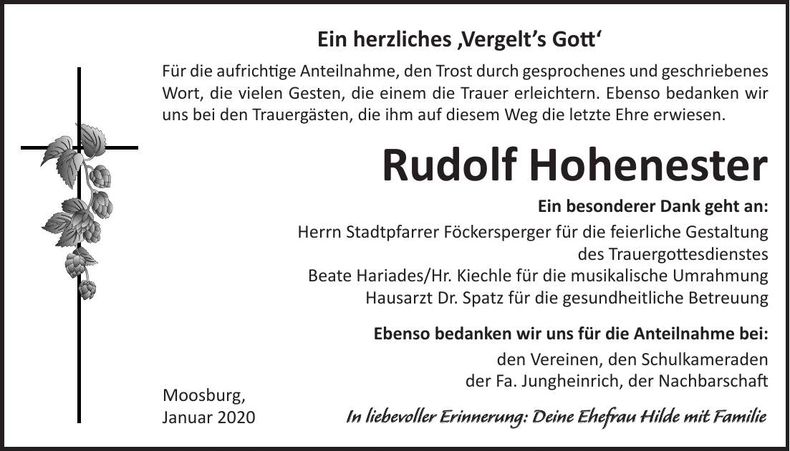 Traueranzeige Rudolf Hohenester