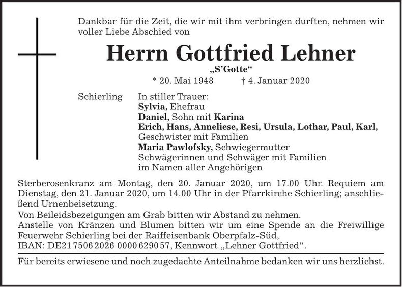Traueranzeige Gottfried Lehner
