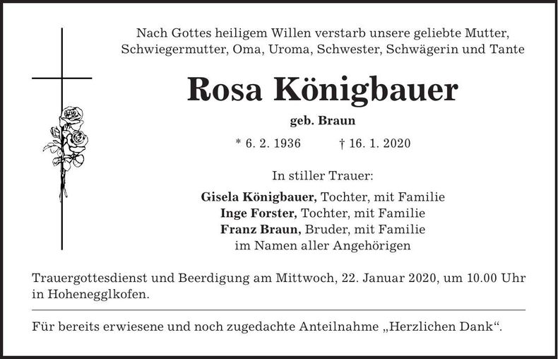Traueranzeige Rosa Königbauer