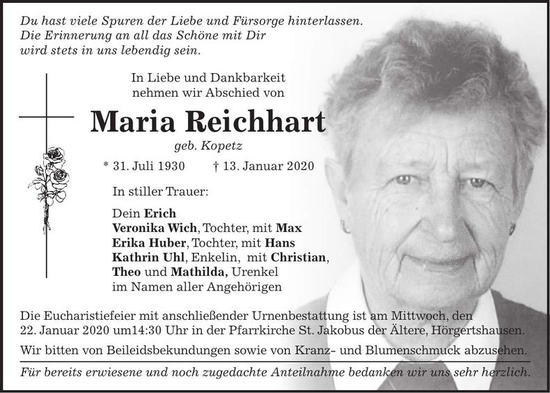 Traueranzeige Maria Reichhart