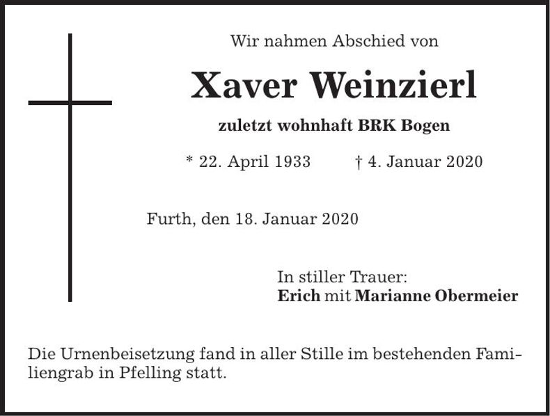 Traueranzeige Xaver Weinzierl