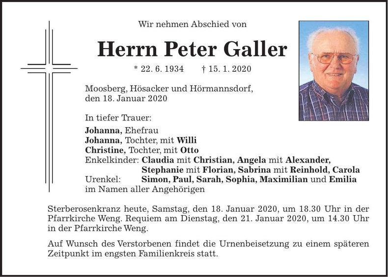 Traueranzeige Peter Galler