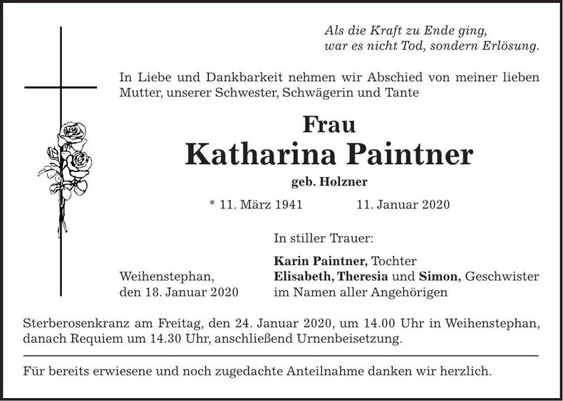 Traueranzeige Katharina Paintner