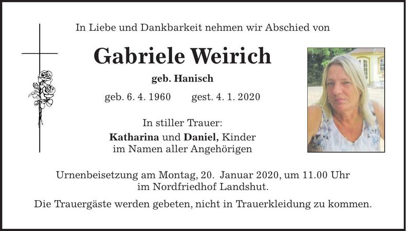 Traueranzeige Gabriele Weirich