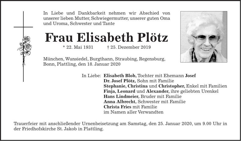 Traueranzeige Elisabeth Plötz