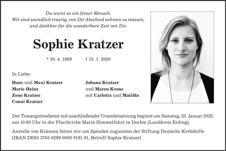Traueranzeige Sophie Kratzer