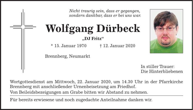 Traueranzeige Wolfgang Dürbeck