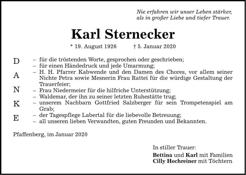 Traueranzeige Karl Sternecker