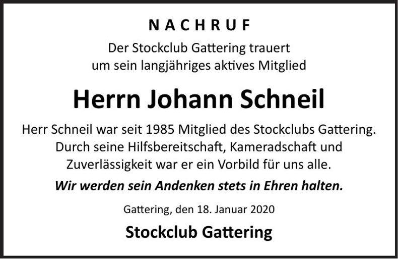Traueranzeige Johann Schneil