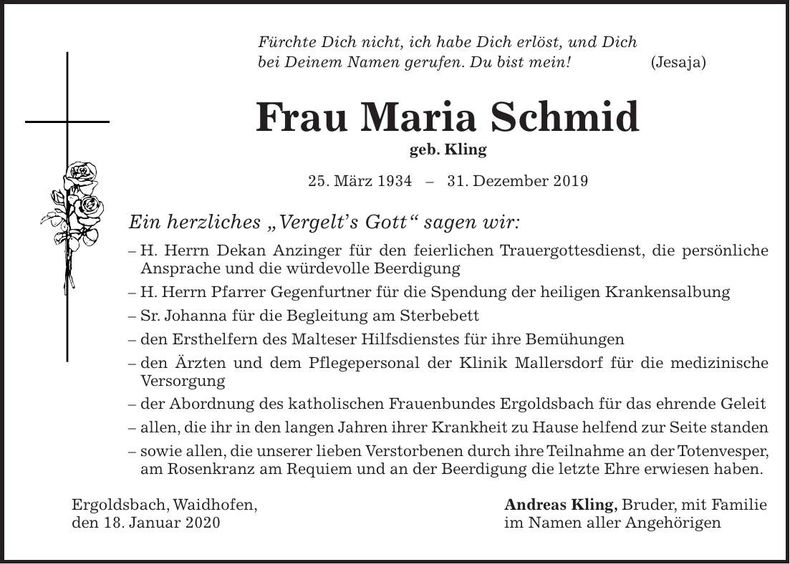 Traueranzeige Maria Schmid