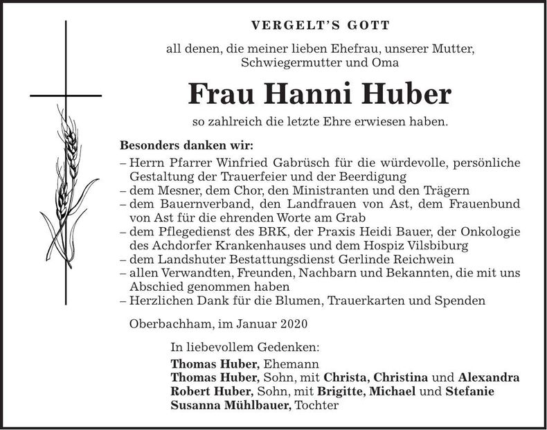 Traueranzeige Hanni Huber