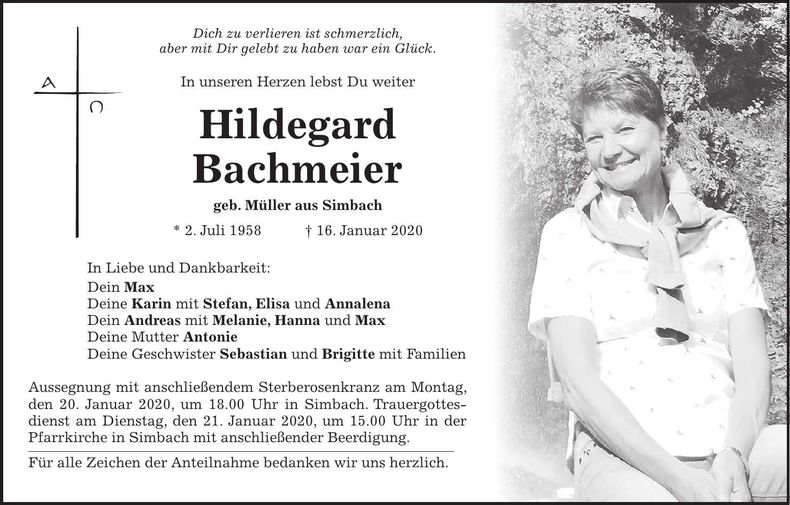 Traueranzeige Hildegard Bachmeier