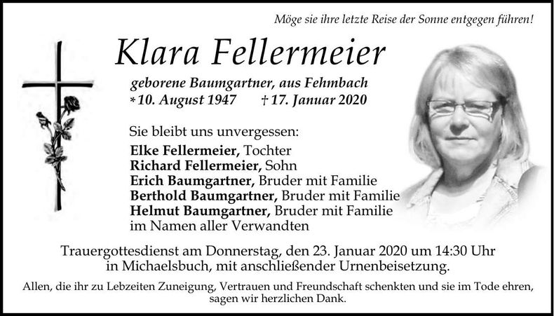 Traueranzeige Klara Fellermeier