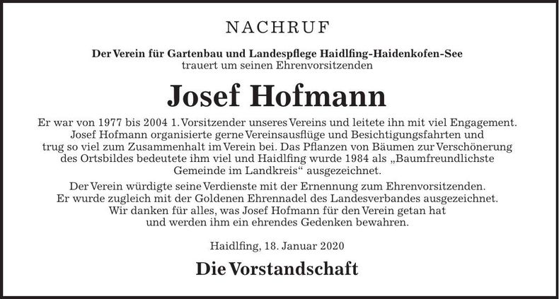 Traueranzeige Josef Hofmann