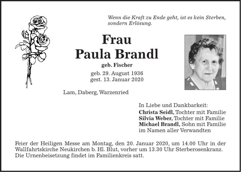 Traueranzeige Paula Brandl
